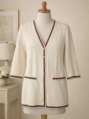 Vintage St. John Ivory Posh Cardigan Quiet Luxury Burgundy Trim S